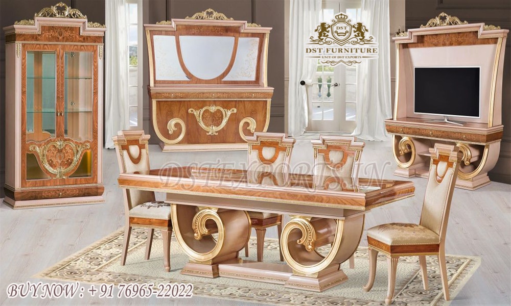 Teak Wood Walnut Finish Dining Table Set gallery image