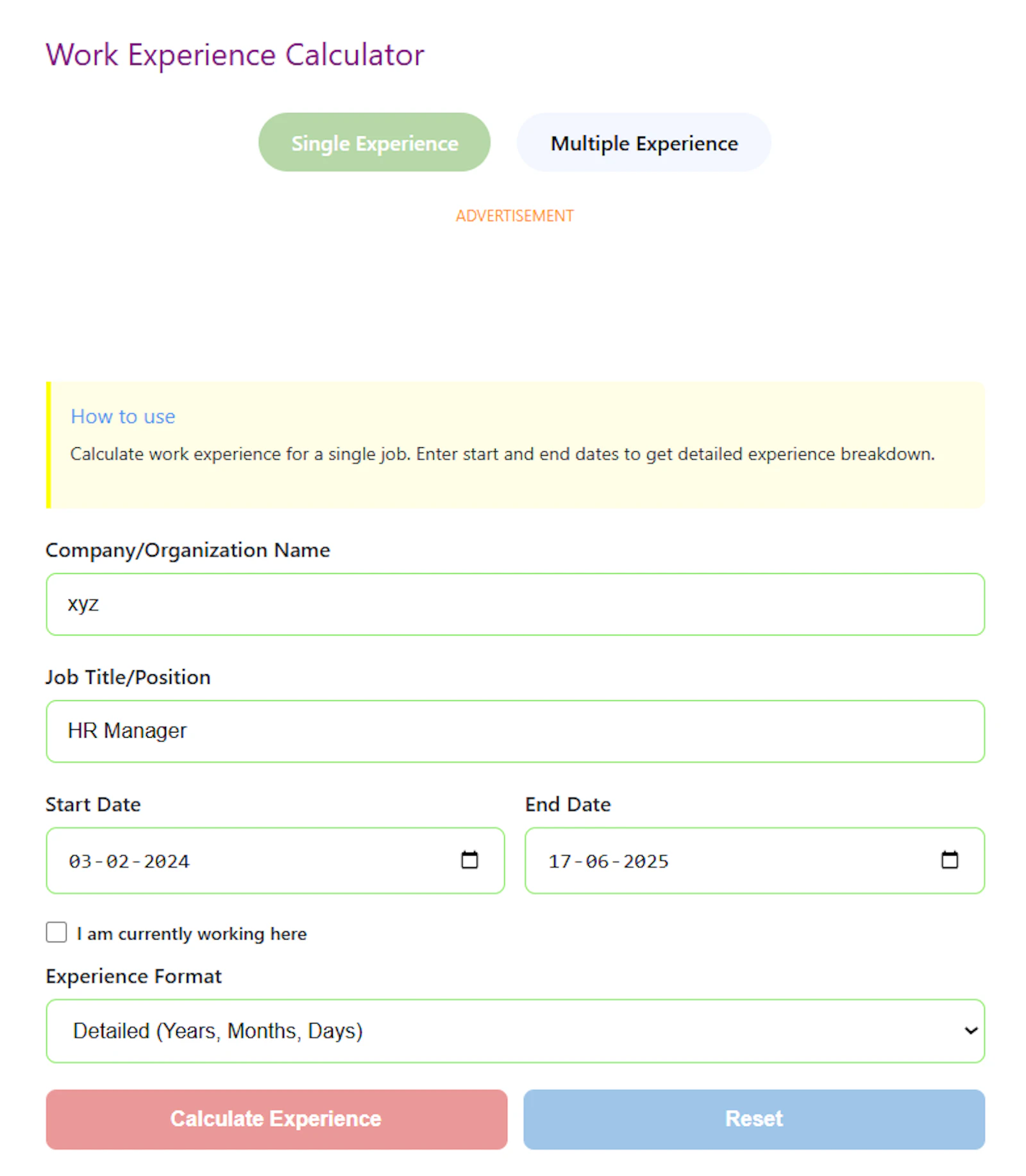 Online Work Experience Calculator screenshot 2
