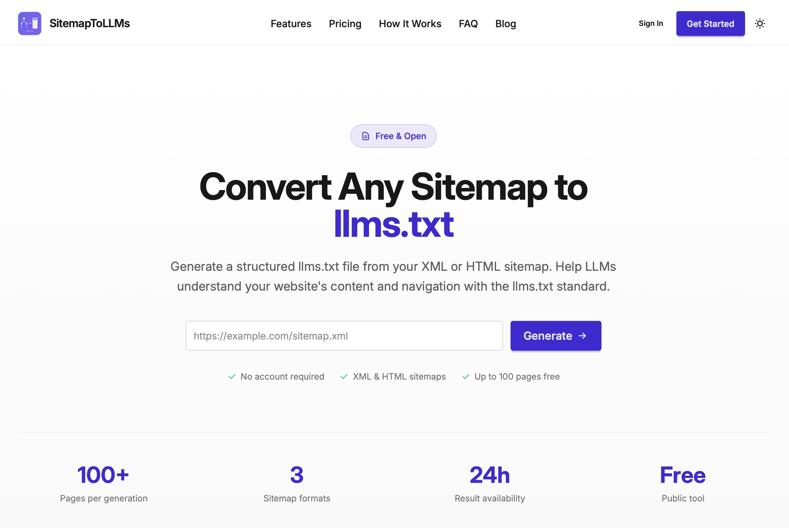 Sitemap to llms.txt - Main product screenshot demonstrating key features and user interface