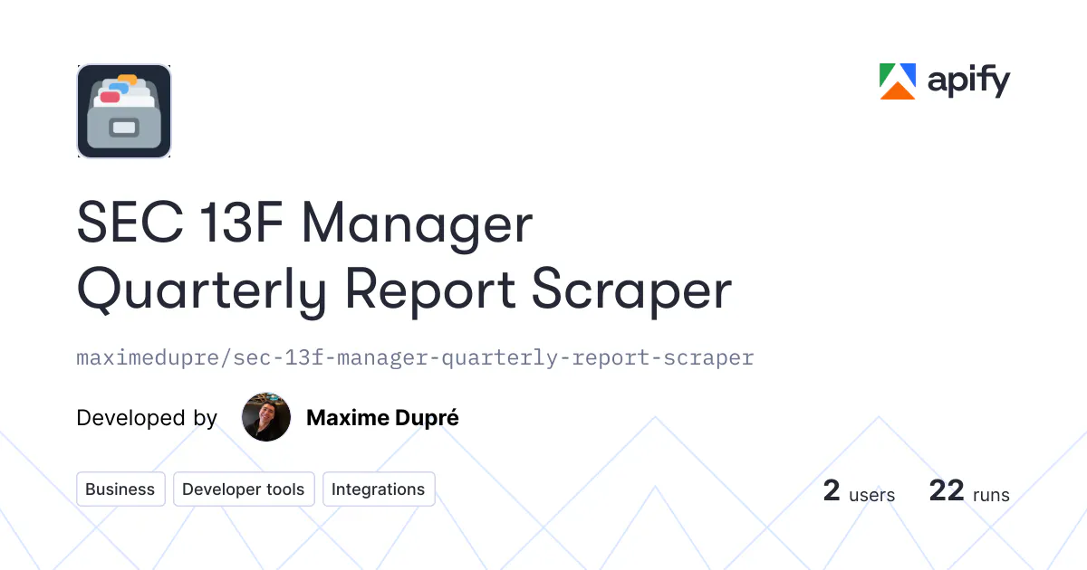 ApifySEC 13F Quarterly Report Scraper gallery image