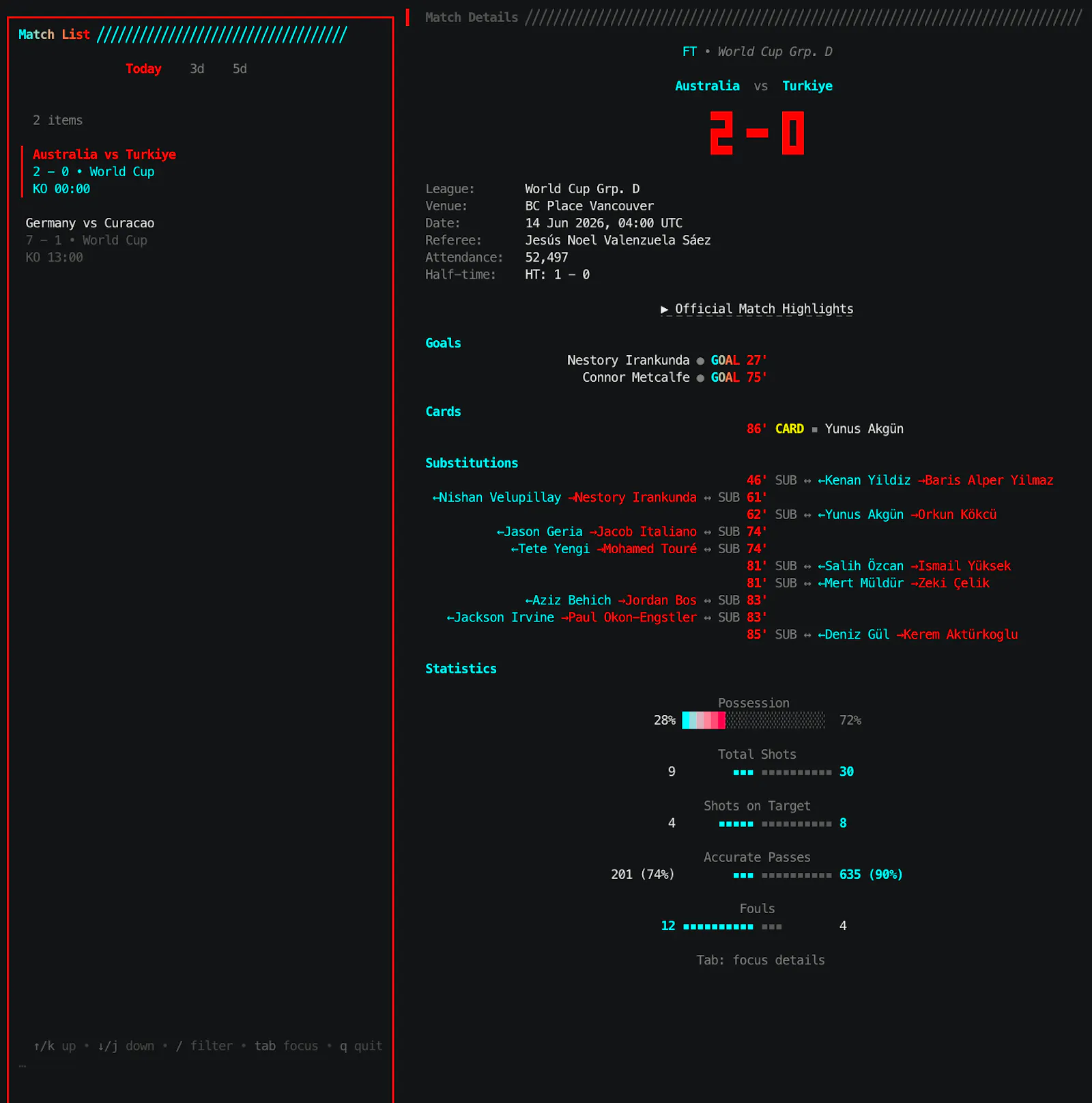 Golazo: football in your terminal screenshot 1