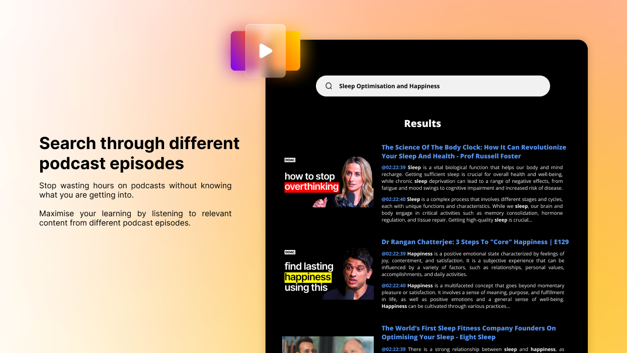 Synthesis Youtube - Search video podcasts using GPT3 and get relevant  segments | Product Hunt