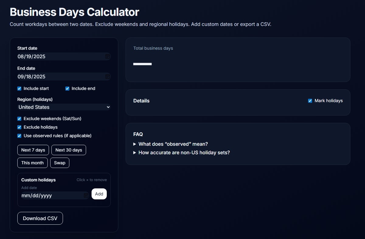 Média Combien de jours ouvrables - Calculatrice gratuite - Compter les jours de travail rapidement - exclure les week-ends et les vacances 1