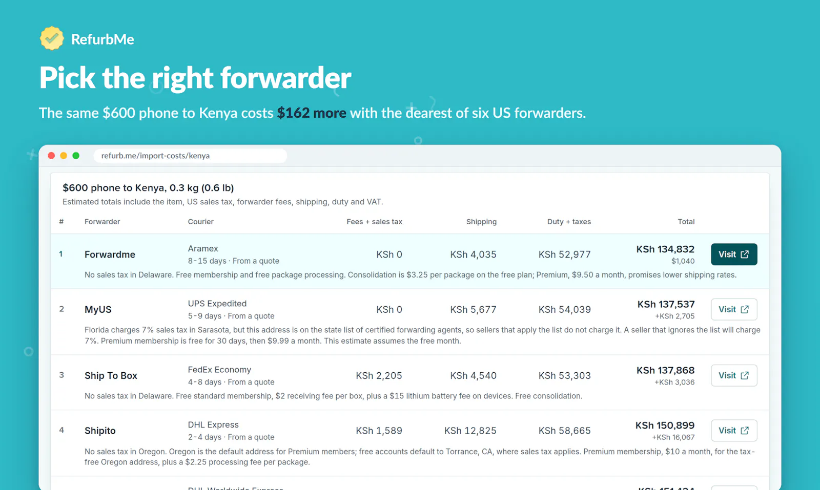 RefurbMe Import Costs screenshot 2