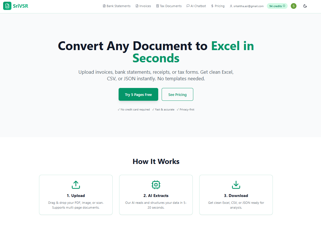 SriVSR – AI PDF to Excel Converter - Main product screenshot demonstrating key features and user interface