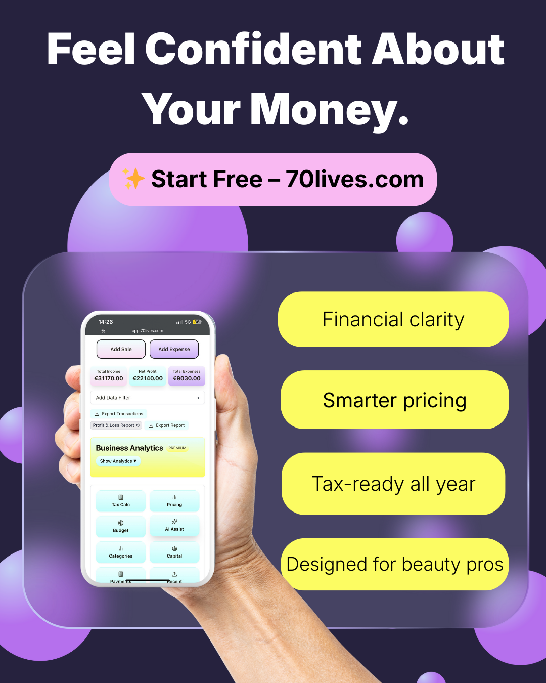 70Lives – Beauty Business App - Main product screenshot demonstrating key features and user interface