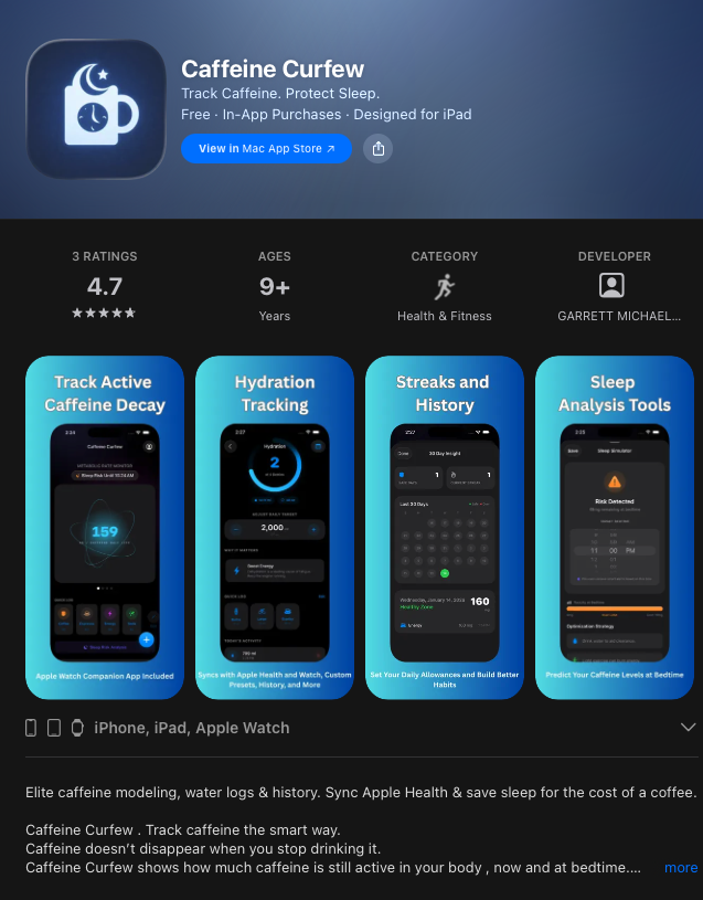 Caffeine Curfew iOS App - Screenshot 5 showing product features and functionality