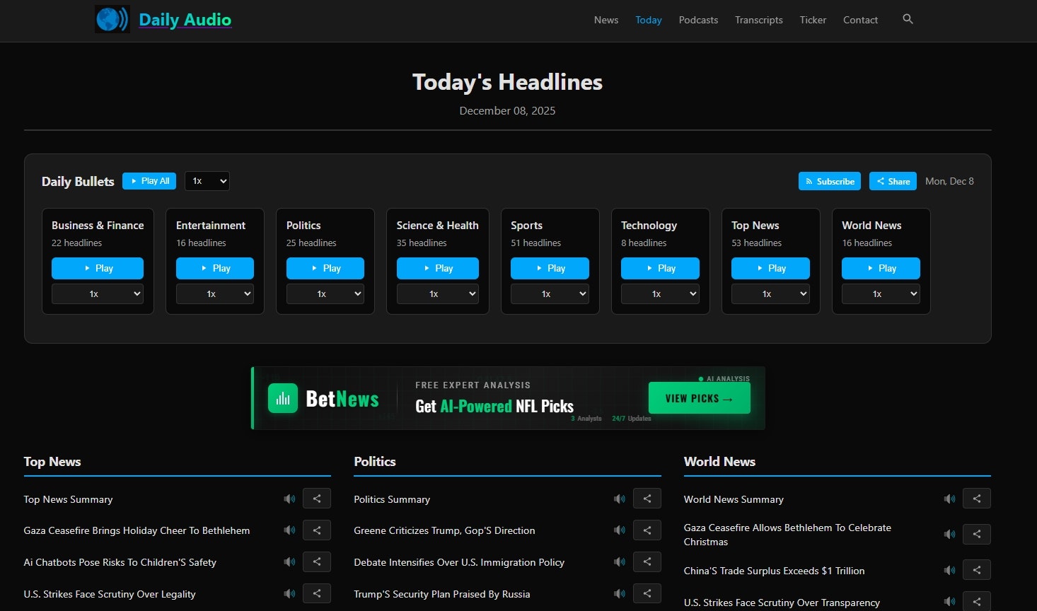 Daily Audio News - Main product screenshot demonstrating key features and user interface
