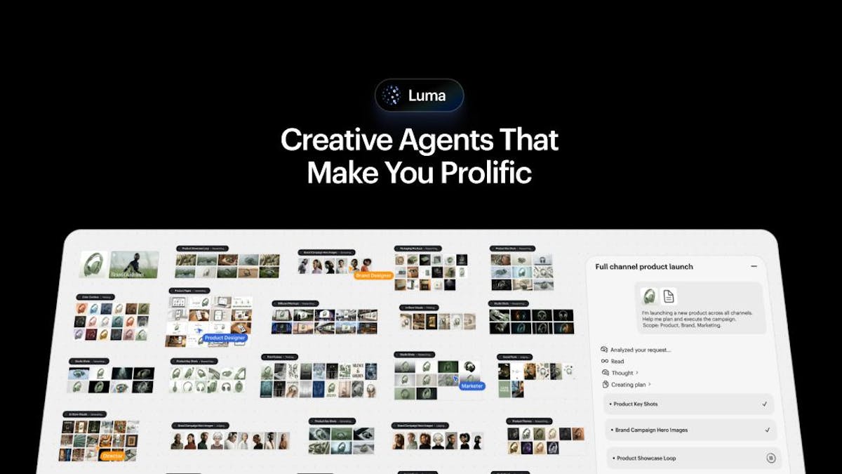 Luma Agents interface showing structured tasks, iterations, and refinement steps for social media and marketing assets