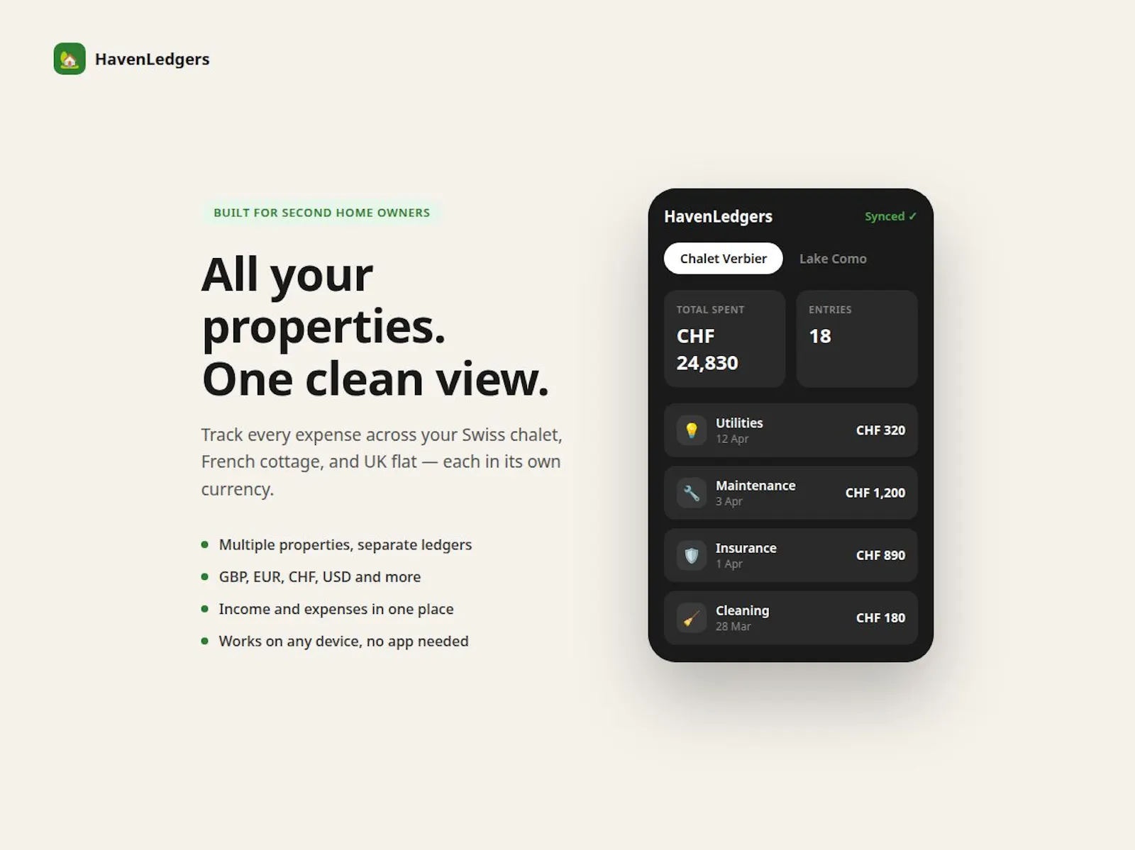 HavenLedgers • Second Home Tracker screenshot 1
