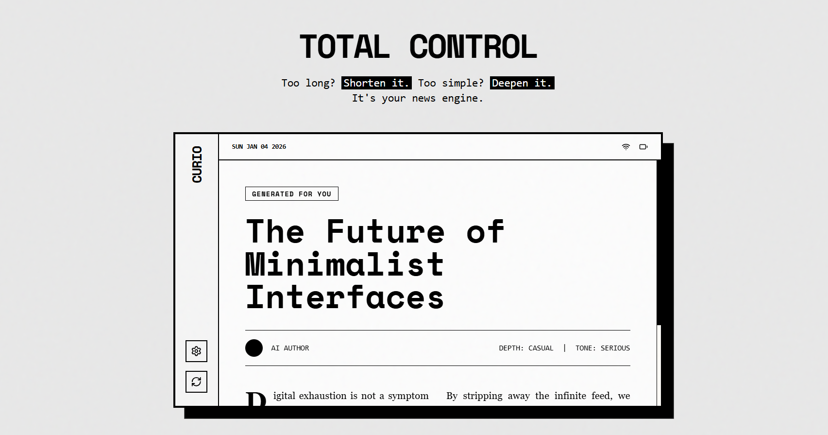 Curio – A Custom Article for You, Daily - Screenshot 2 showing product features and functionality