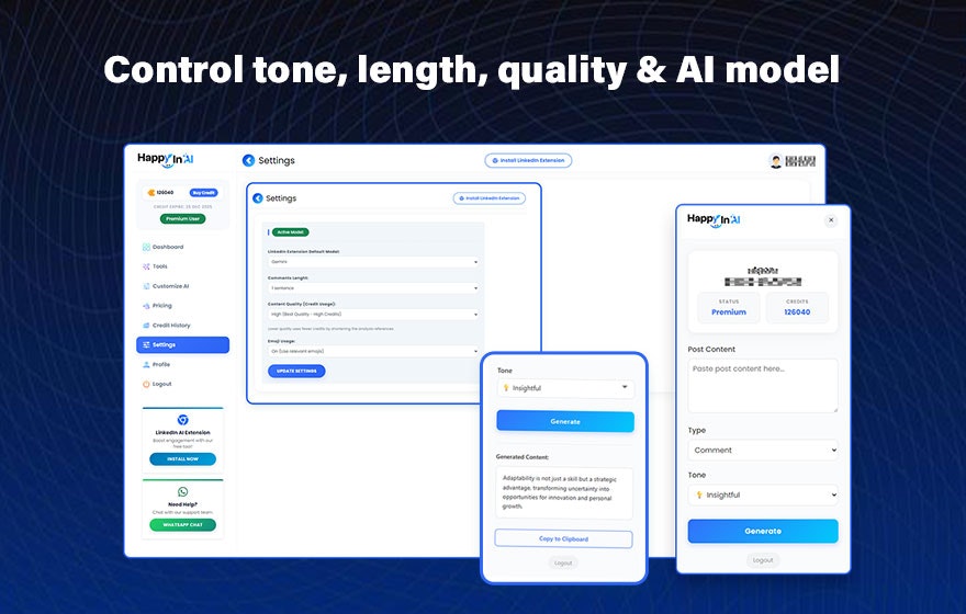 LinkedIn AI Comments Generator HappyInAI - Screenshot 4 showing product features and functionality