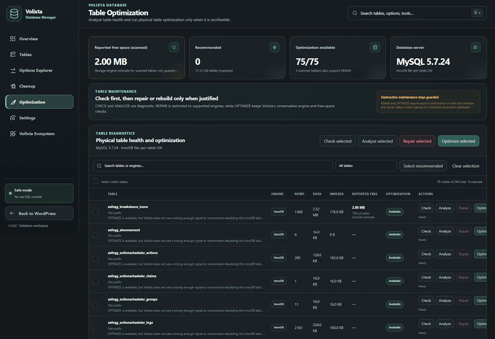 VOLIXTA Database Manager for WordPress screenshot 6