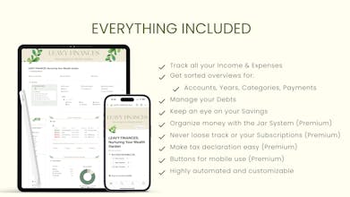 직관적인 탐색 메뉴 옵션이 있는 Notion Finance Tracker 앱 인터페이스를 보여주는 스마트폰 화면.