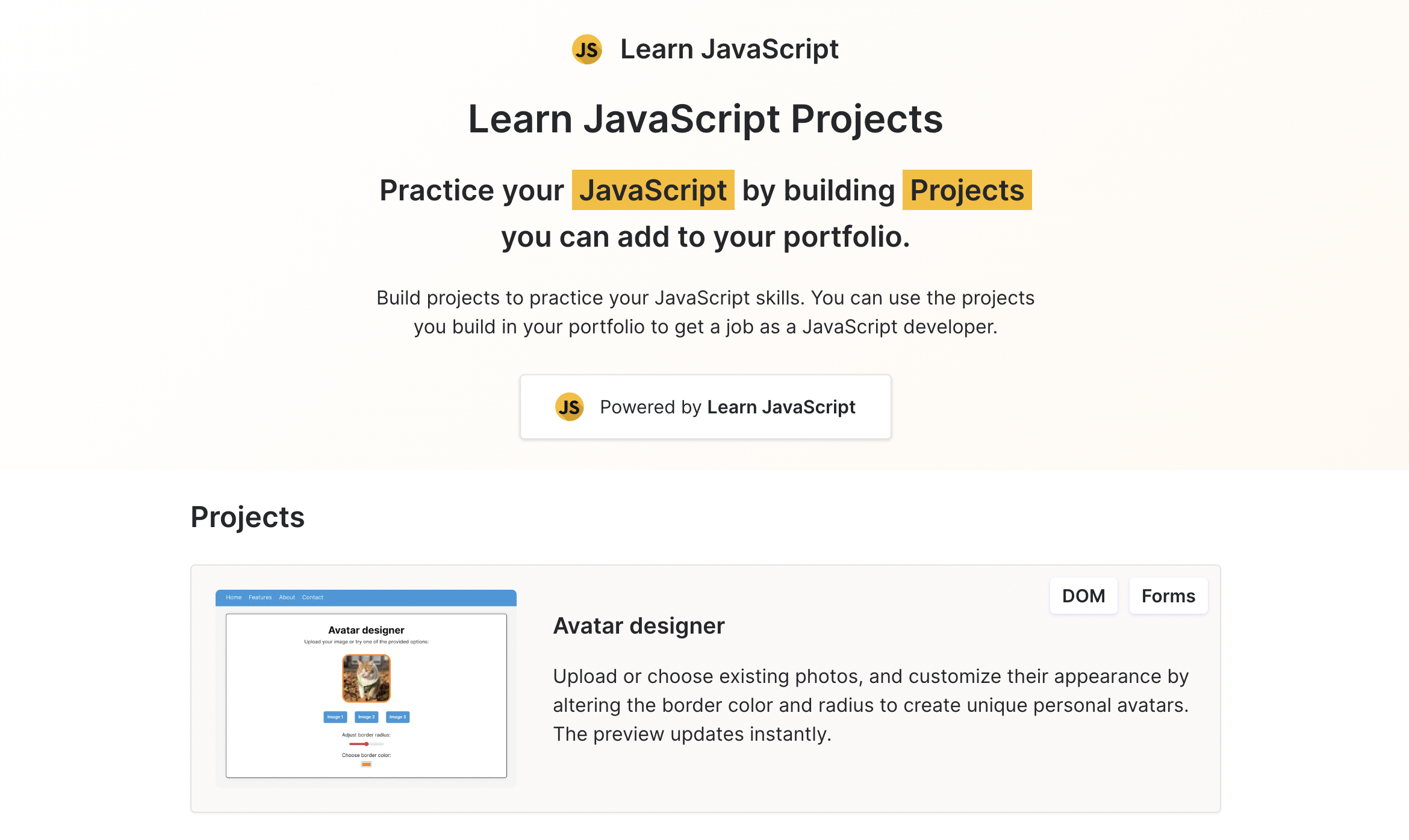وسائط تعلم مشاريع جافا سكريبت - مشاريع JavaScript المجانية وتصميمات Figma لمحفظتك. 1
