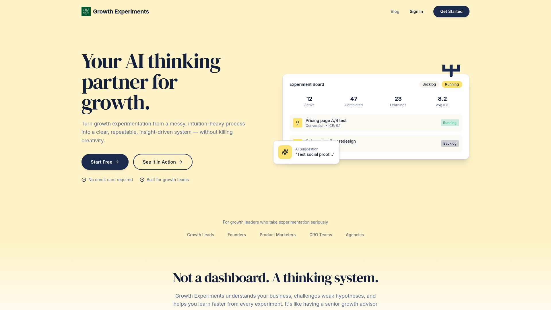 Growth Experimentation tool - Main product screenshot demonstrating key features and user interface