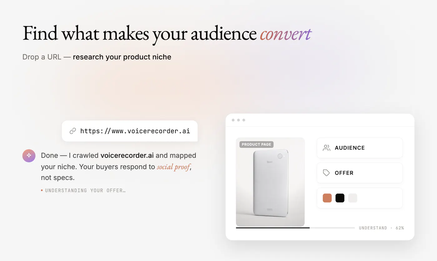AdAnt AI crawling a product page and mapping its niche into audience, offer and brand colours