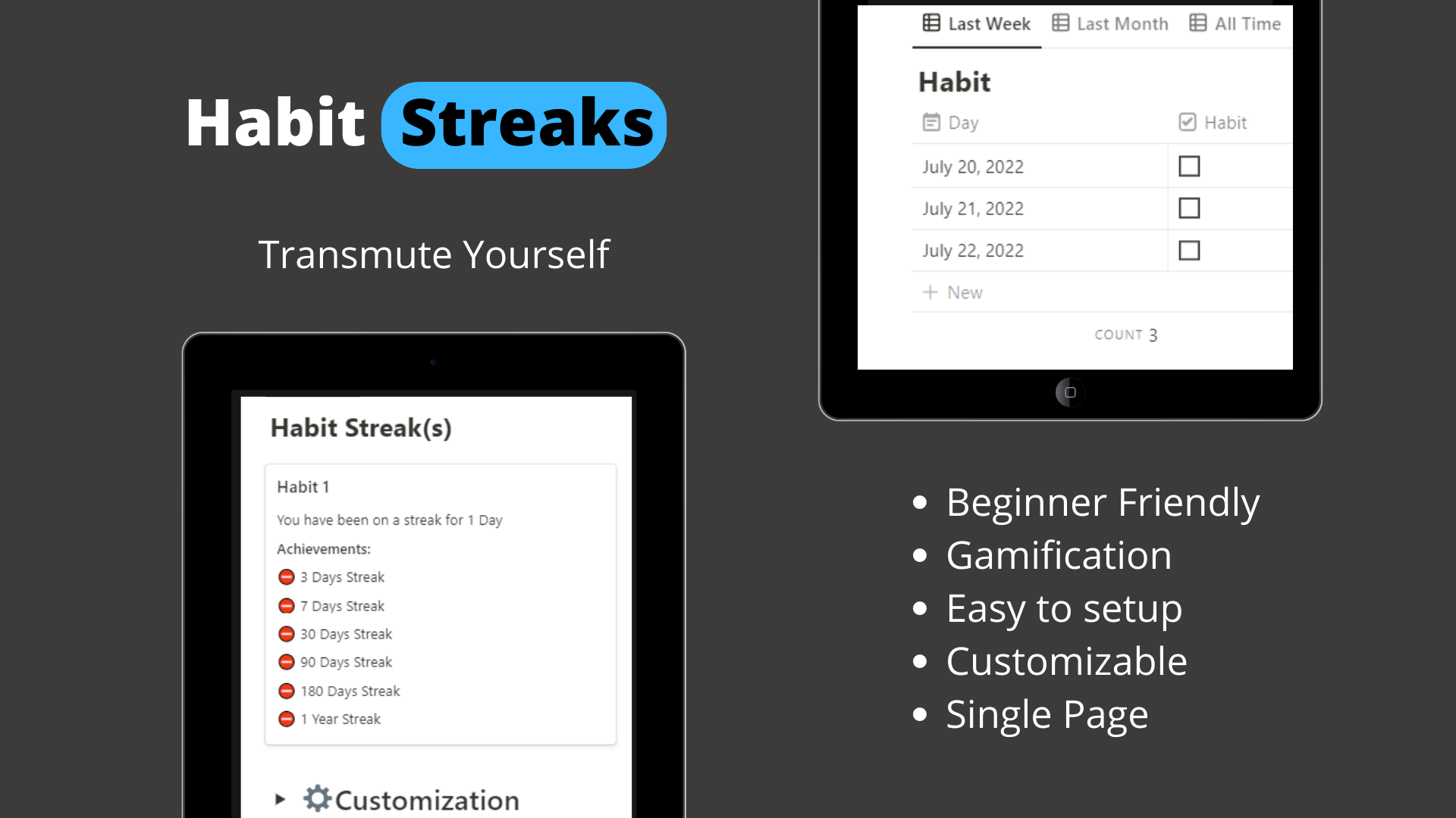 Mídia 2 de Rastreador de Streak de Habit para noção - Transmuta -se