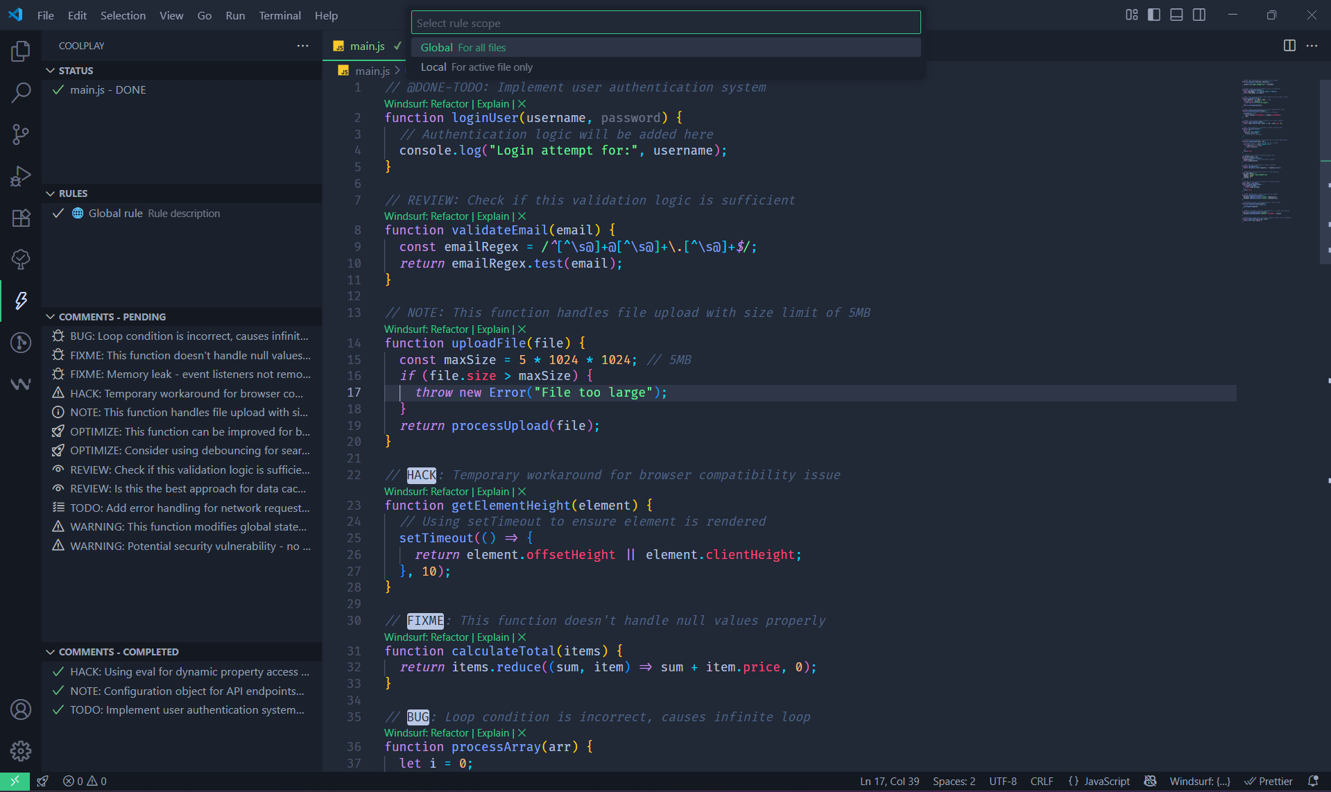 Media Coolplay - Urus status fail, peraturan dan komen di vscode 3
