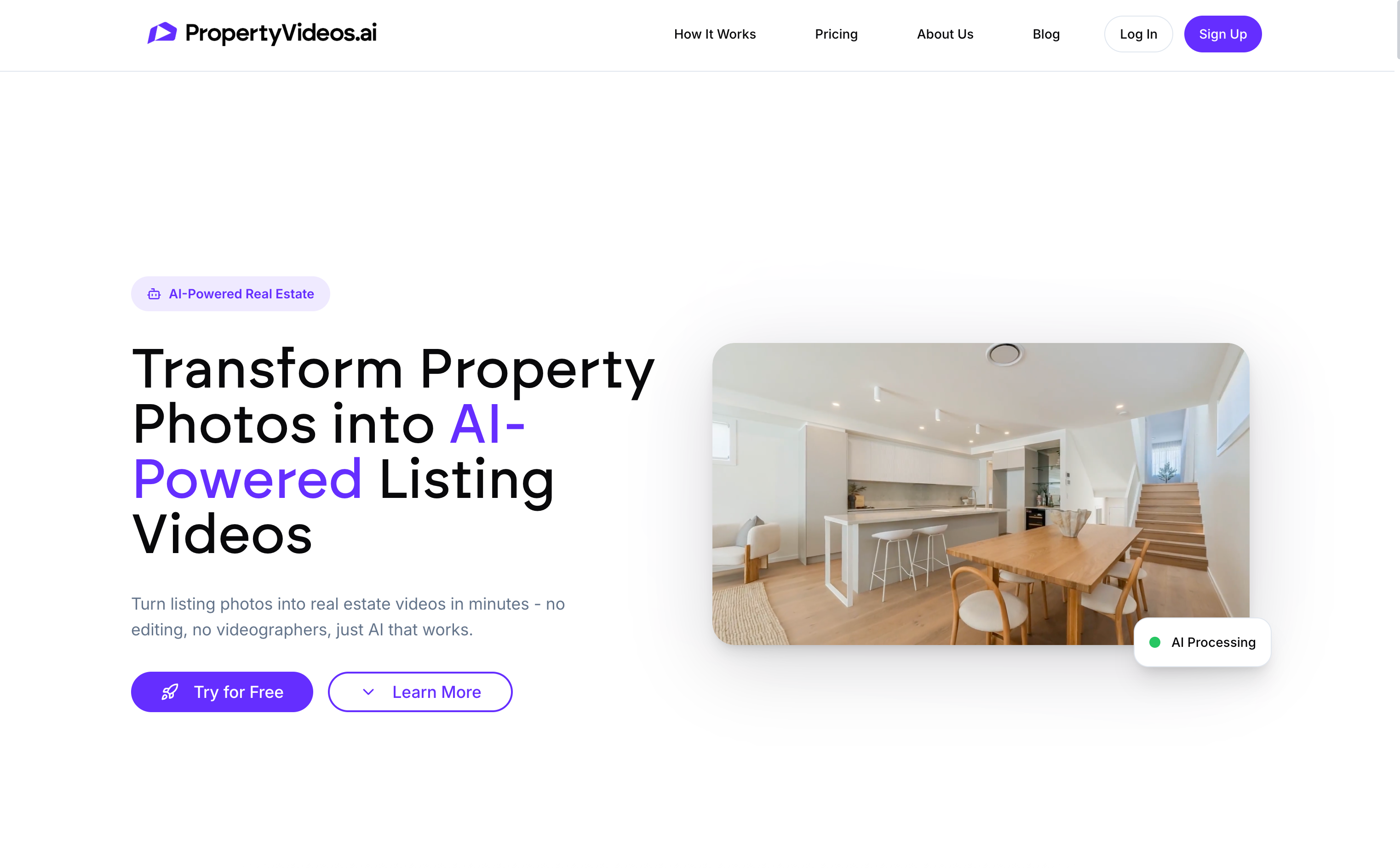 PropertyVideos.ai - Main screenshot showing features and interface
