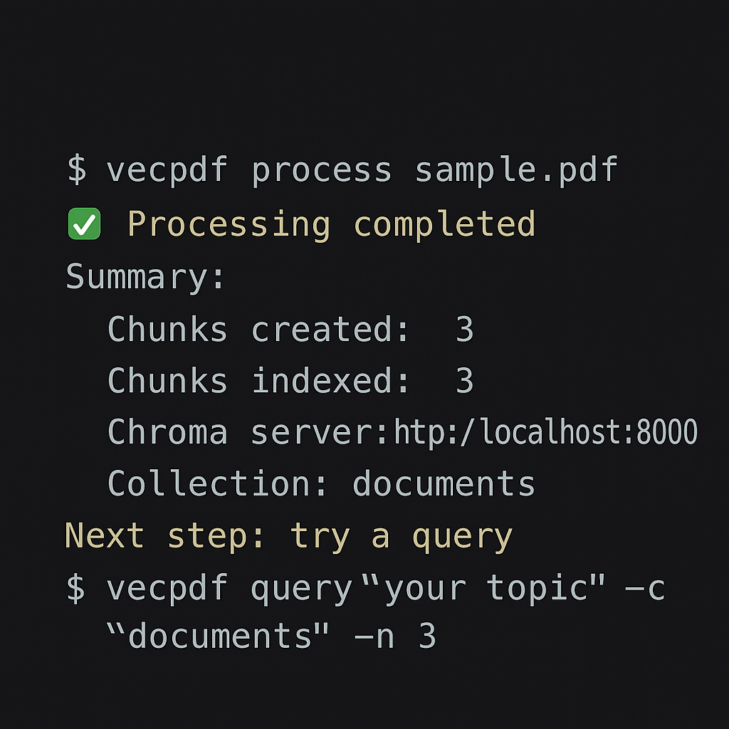 Média VECPDF - PDF → ChromAdb, localement - La CLI minuscule transforme les PDF en DB vectorielle consultable avec chrome. 3