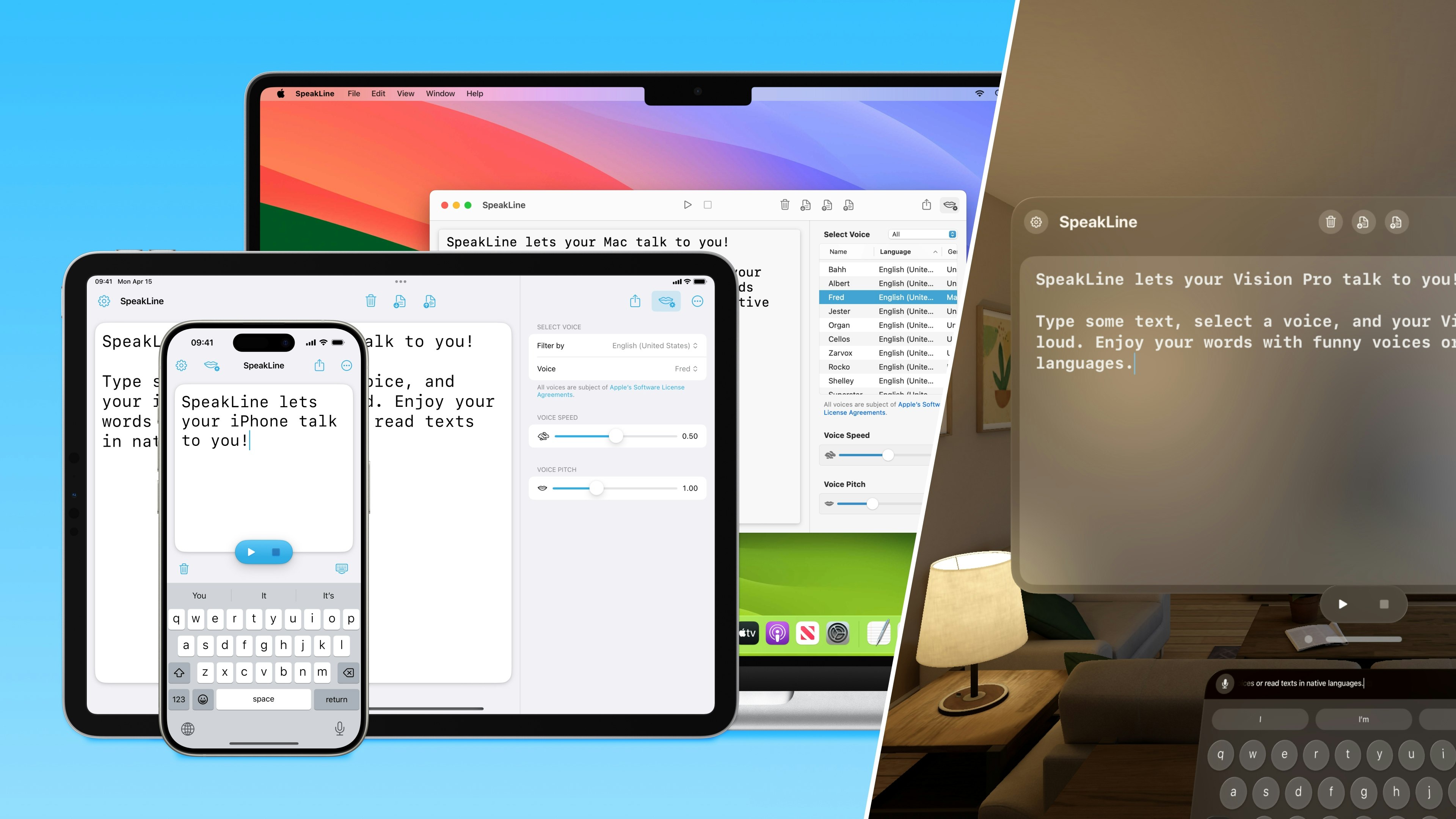 Speakline 5 - MacOS, iOS और विज़नोस के लिए आपका टेक्स्ट-टू-स्पीच साथी मीडिया 1