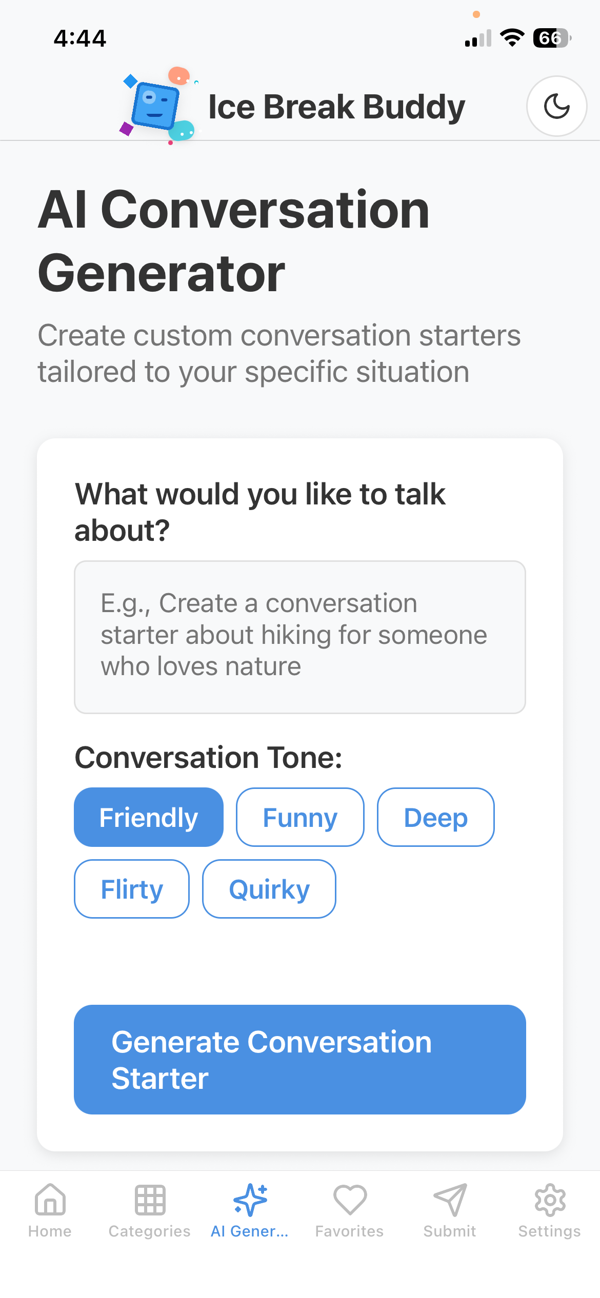 Ice Break Buddy - Main product screenshot demonstrating key features and user interface