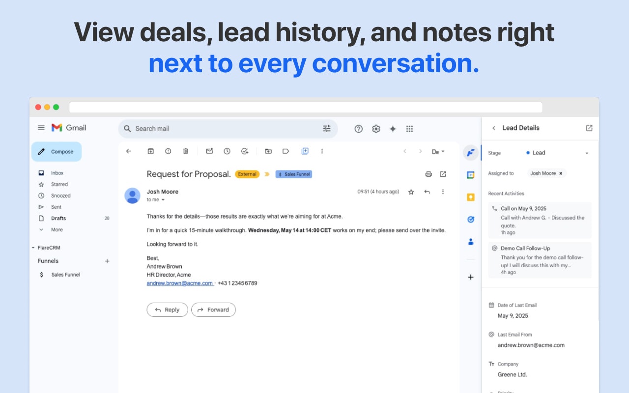 Flarecrm - Gmail CRM nativo - Un CRM liviano que vive dentro de Gmail media 3