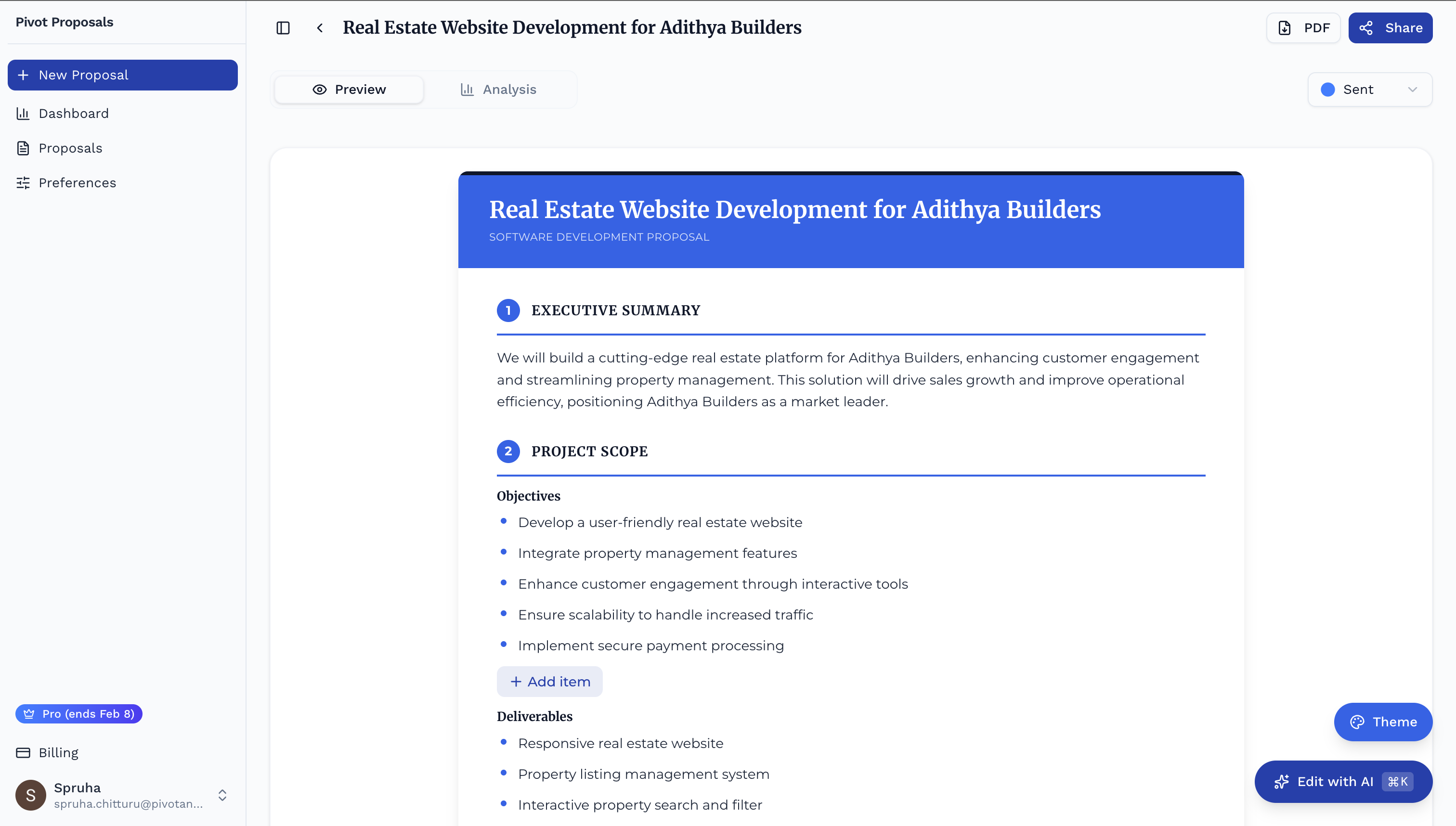 Pivot Proposals - Screenshot 3 showing product features and functionality