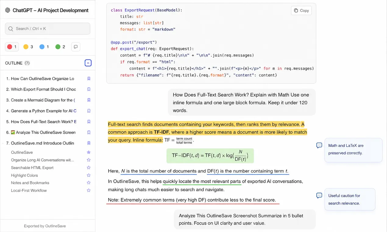 OutlineSave: AI Chats to Offline HTML screenshot