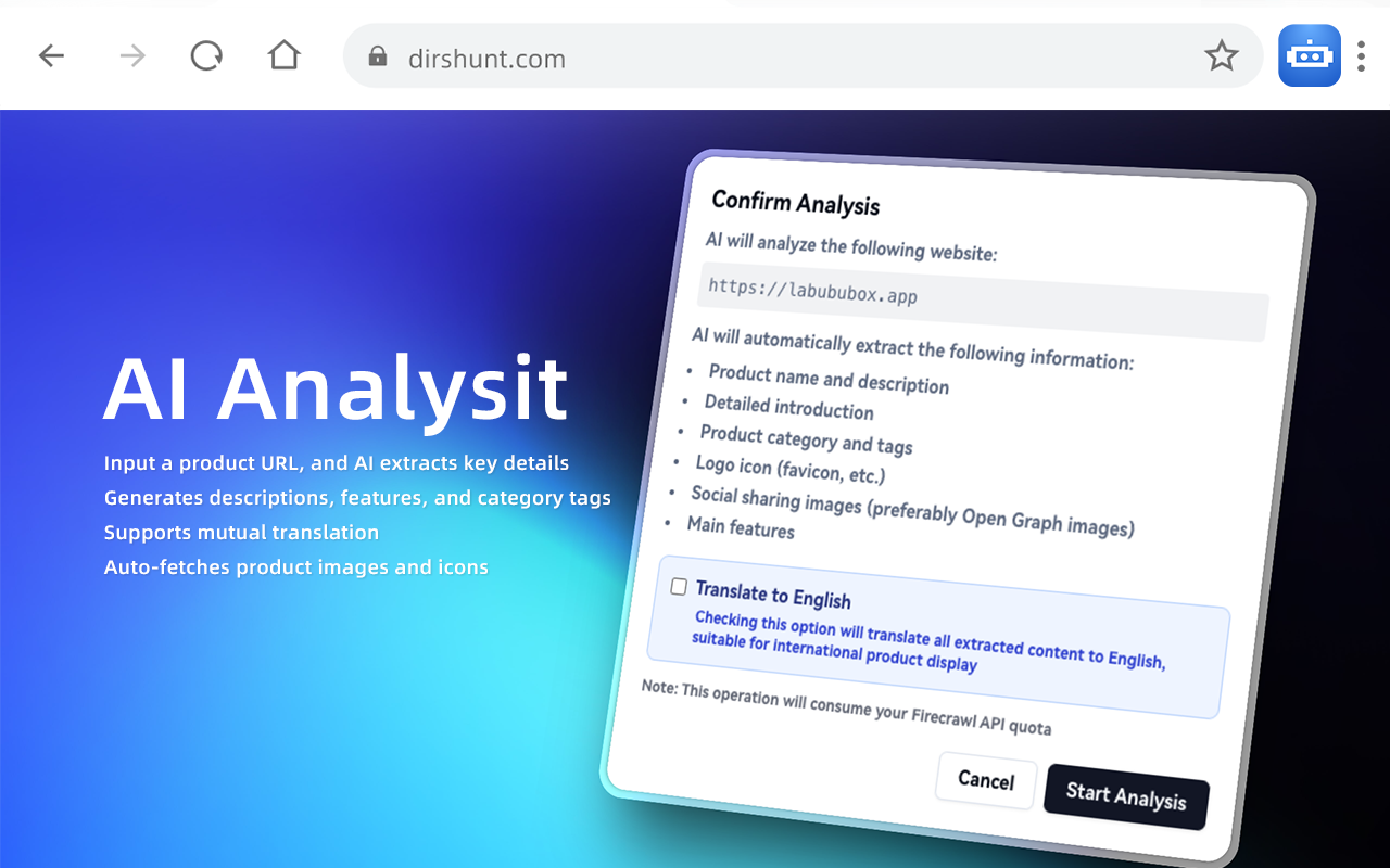 Dirshunt Ext - AI搭載の製品分析とワンクリックフォームの塗りつぶし。メディア3