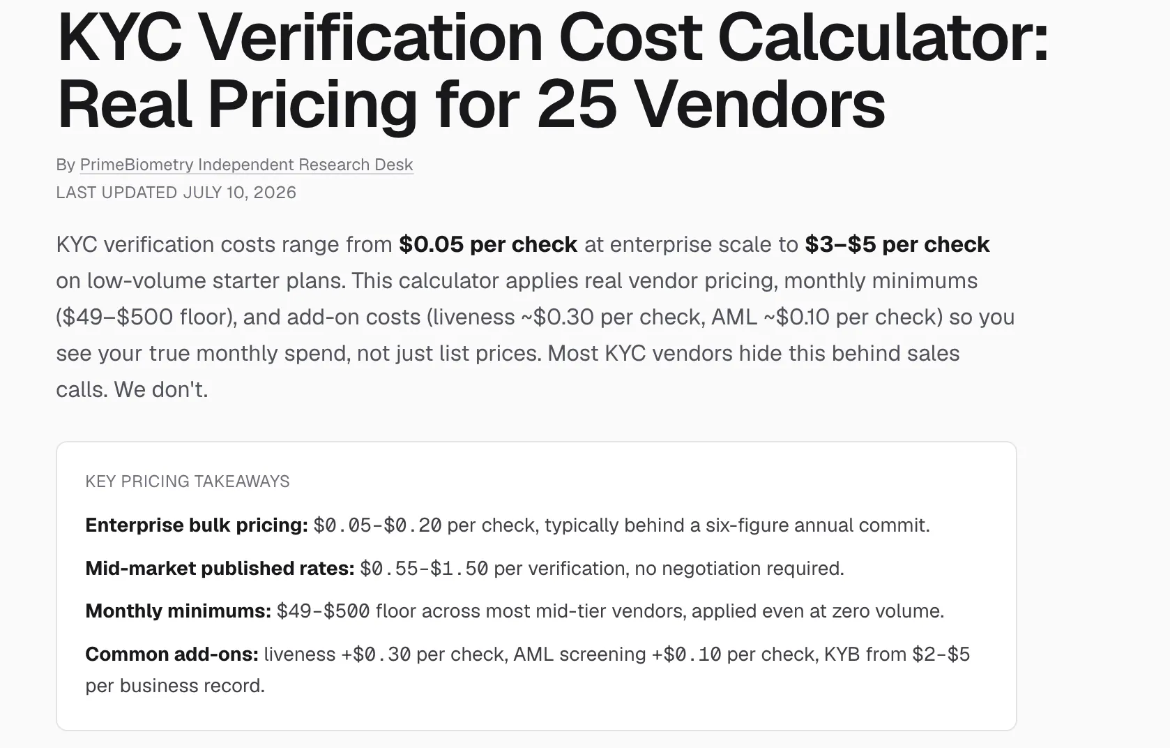 KYC Cost Calculator by PrimeBiometry gallery image