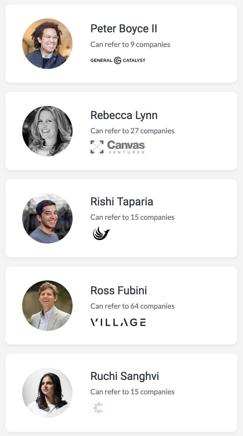 Investors and advisors use Via’s referral-based hiring platform to introduce top talent to the companies they support. gallery image