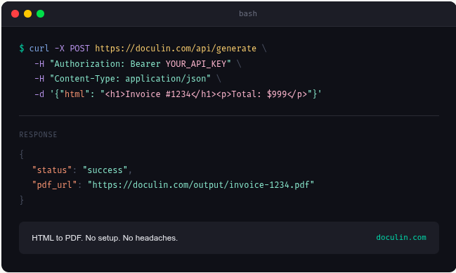 Doculin - PDFGen API, minus infra hassle gallery image