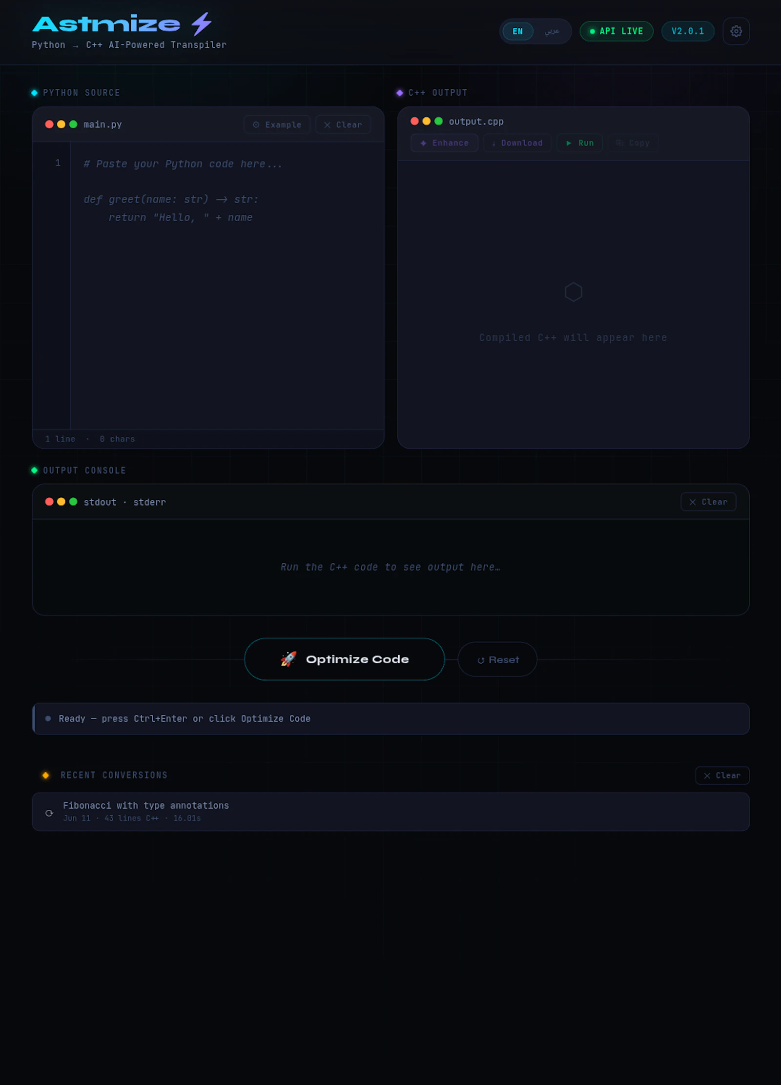 Astmize  — Python → C++ Transpiler screenshot 1