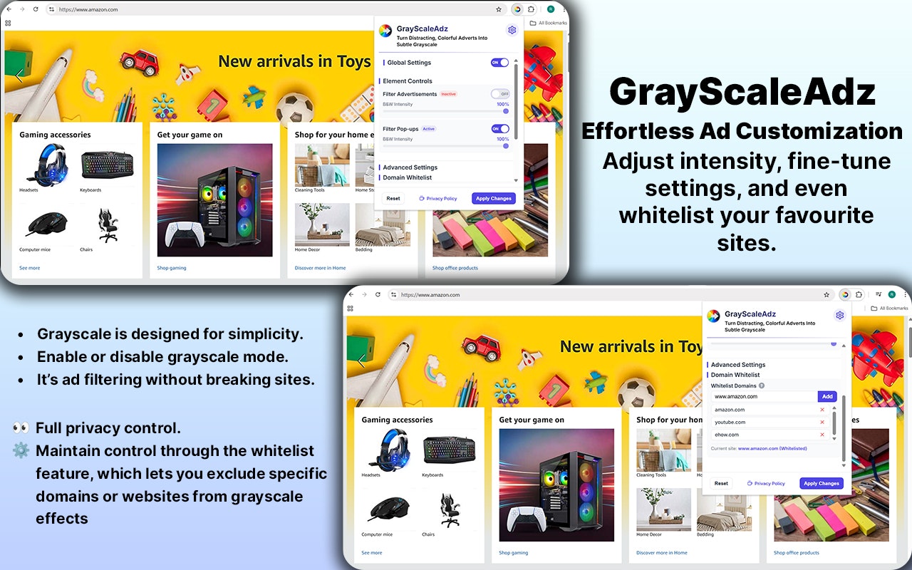 Média Grayscaleadz - Transformez les annonces colorées en noir et blanc |extension chromée 3