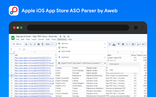 Google Sheets ASO Extension for AppStore - Parse metadata from Apple App Store to Google spreadsheet media 2