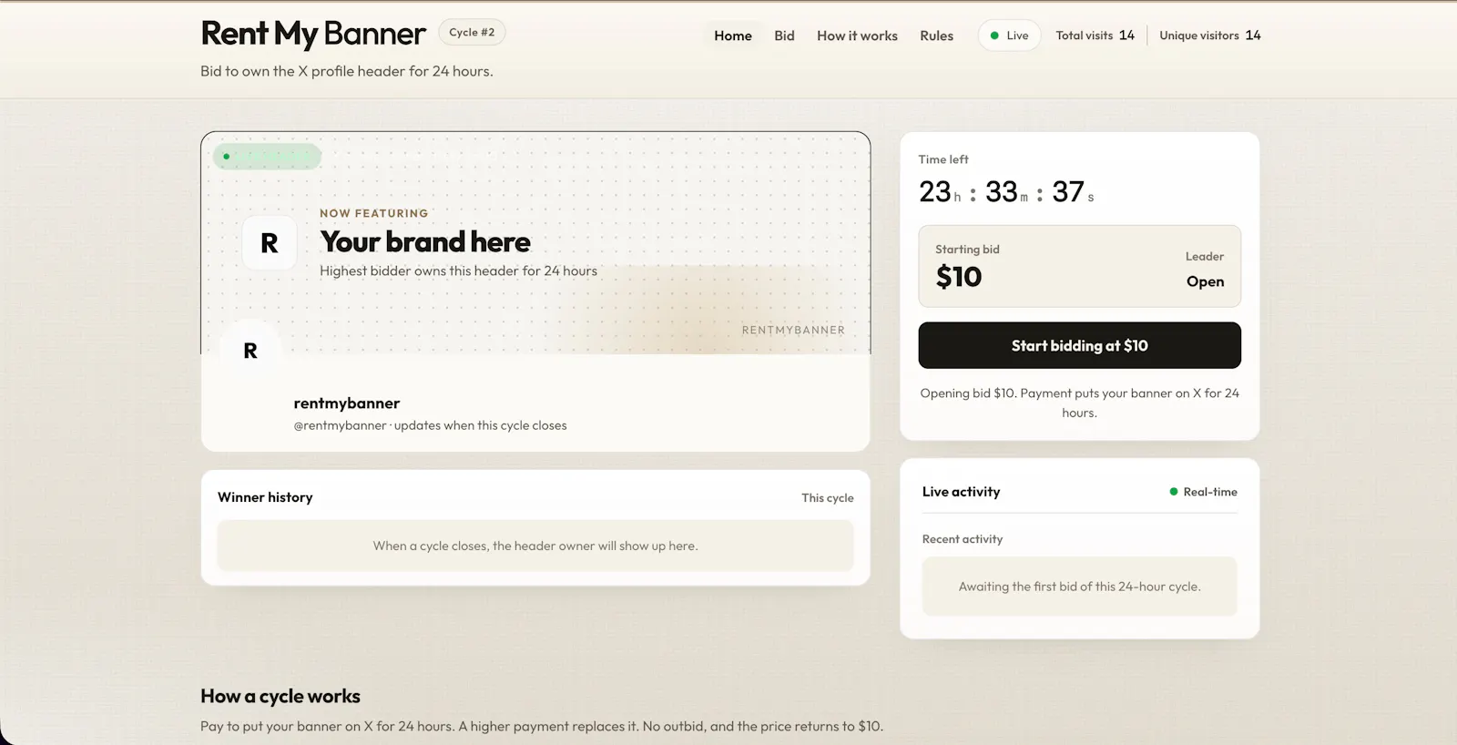 RentMyBanner — Live X header auction screenshot 1