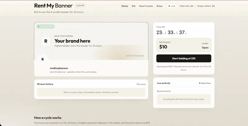 RentMyBanner — Live X header auction screenshot 1