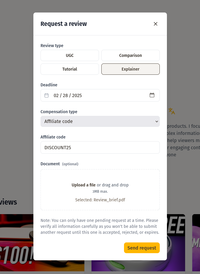 Média Prendre - Relie les startups et les youtubers via des demandes d'examen 5