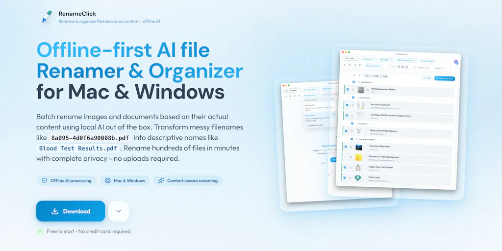 Auto File Rename RenameClick: Rename and auto-sort files with offline AI | Product Hunt