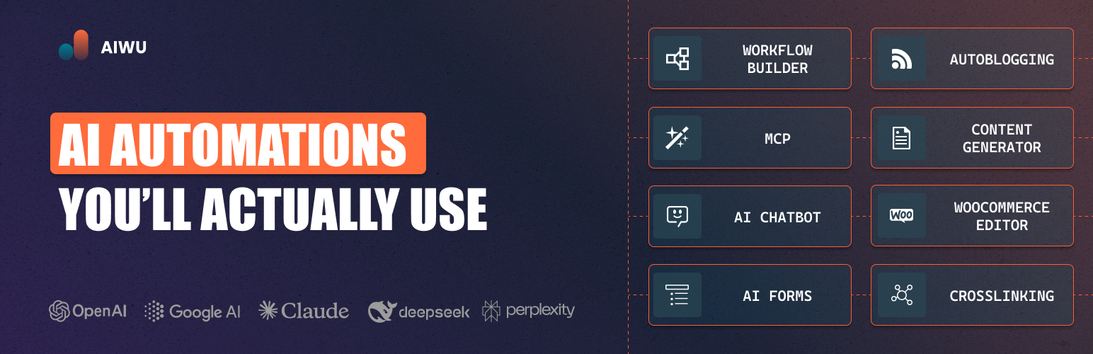 AIWU – WordPress AI Automation Plugin - Main product screenshot demonstrating key features and user interface