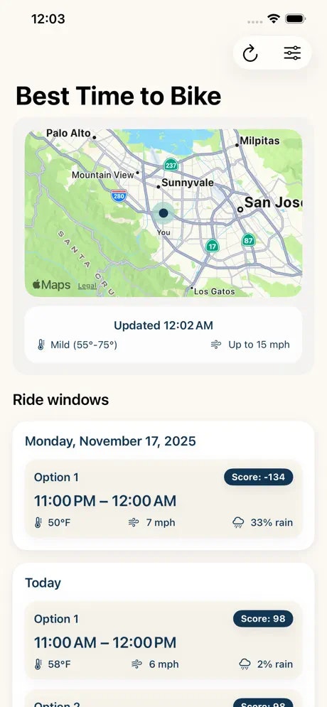 Best Time to Bike App - Main screenshot showing features and interface