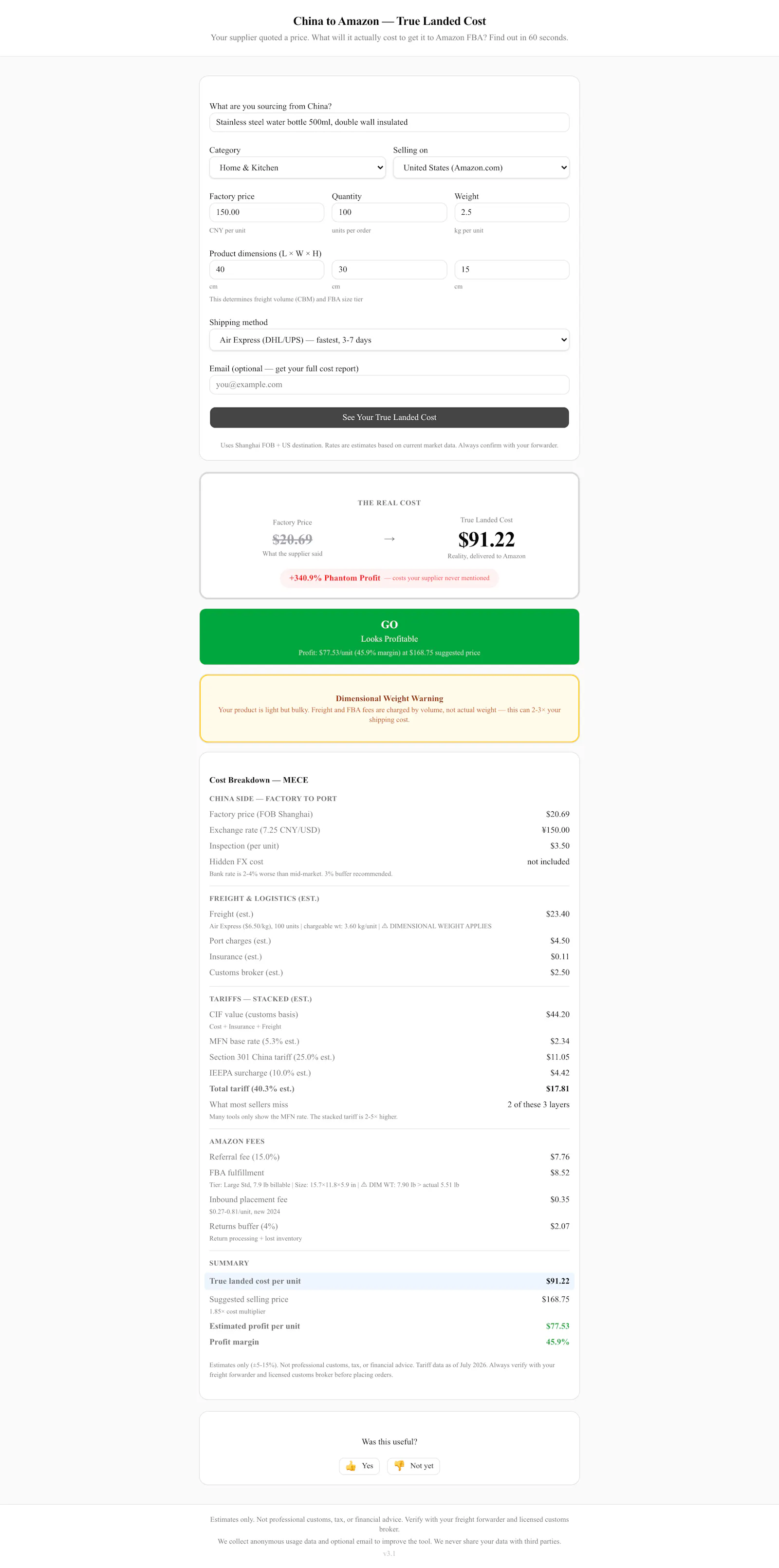 China to Amazon — True Landed Cost screenshot 3