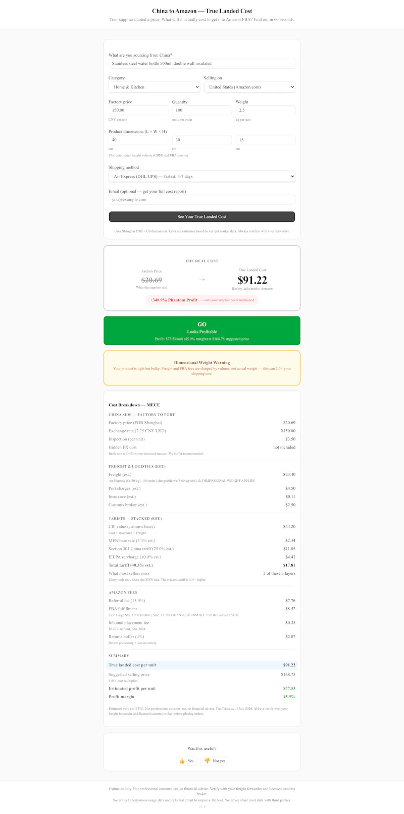 China to Amazon — True Landed Cost screenshot 3