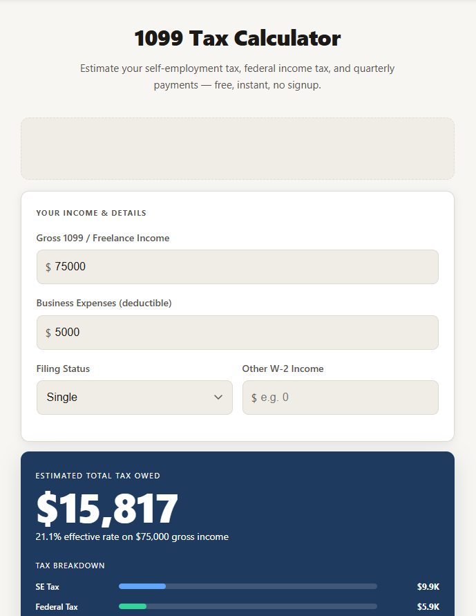 Free 1099 self-employment tax calculator gallery image