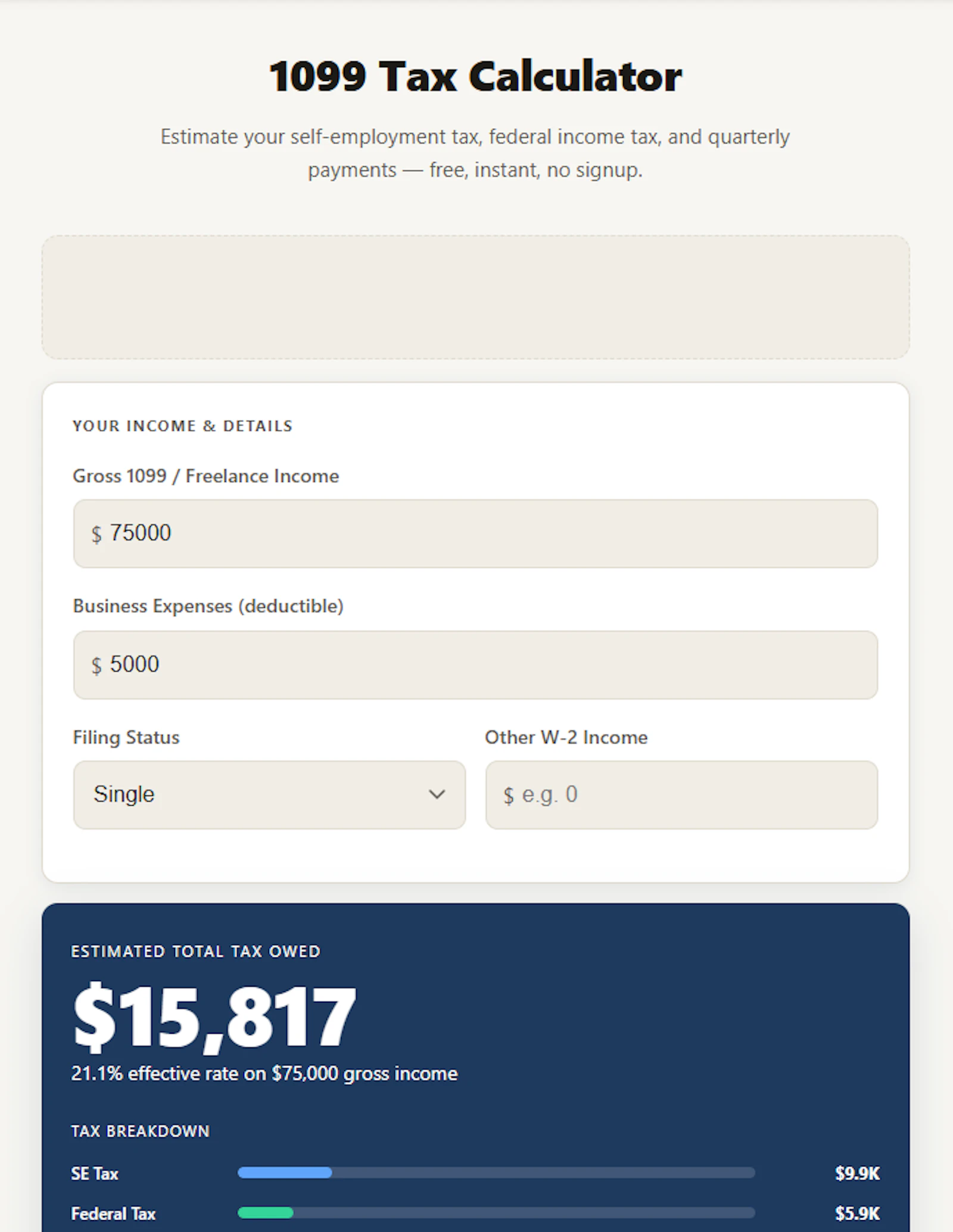 Free 1099 self-employment tax calculator screenshot 1