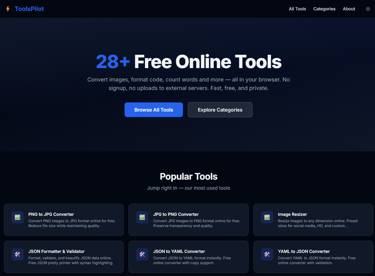 ToolsPilot - Main product screenshot demonstrating key features and user interface