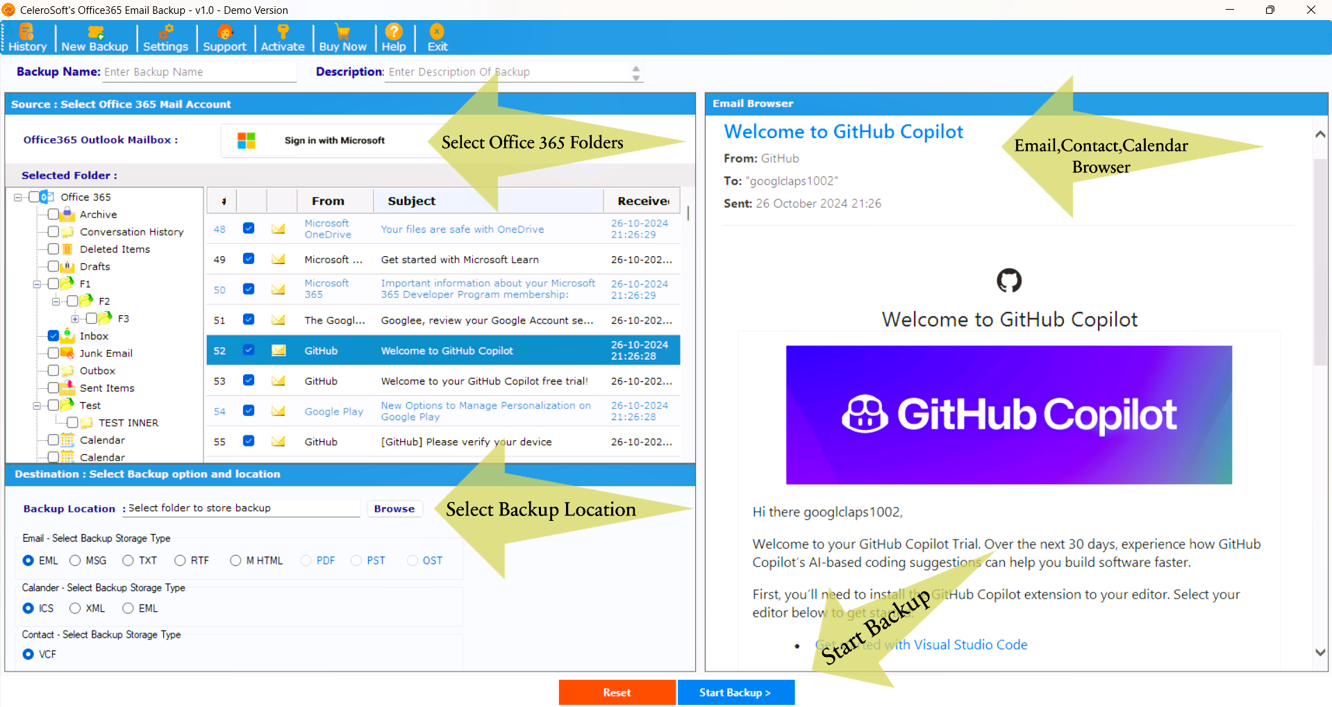 Celerosoft's Office 365 Email Backup - Main product screenshot demonstrating key features and user interface