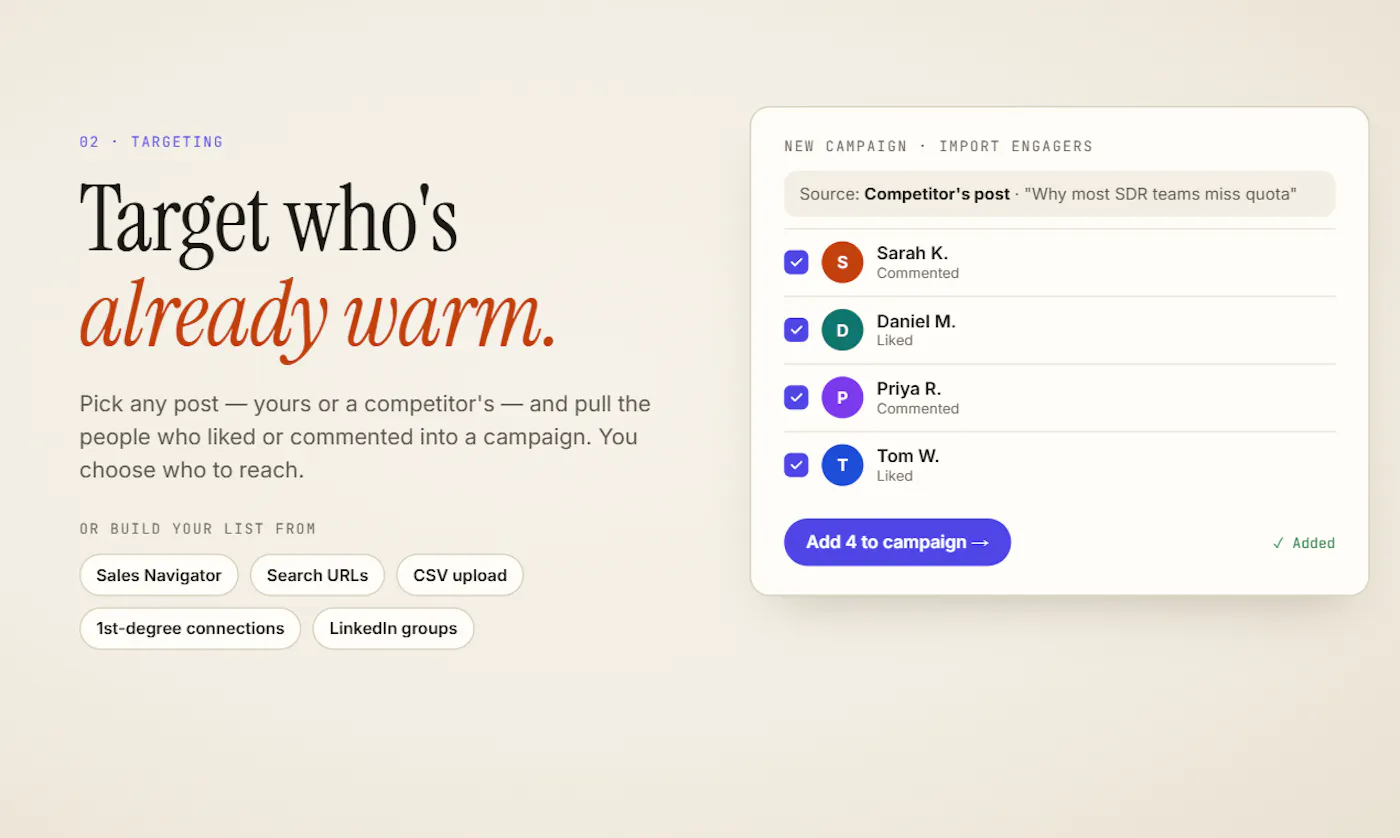 Bearconnect graphic 'Target who's already warm' showing a list of people who engaged with a post being added to a campaign